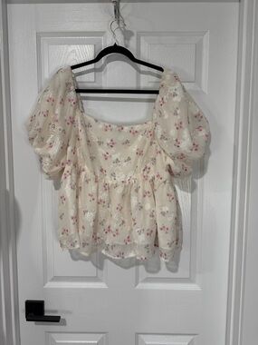 ARULA Cream Blouse with Pink Floral Puff Sleeves